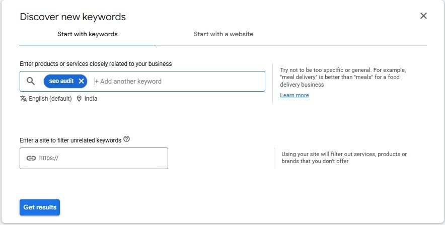 Google Keyword Planner Start with keywords screen with seo audit entered as the seed keyword