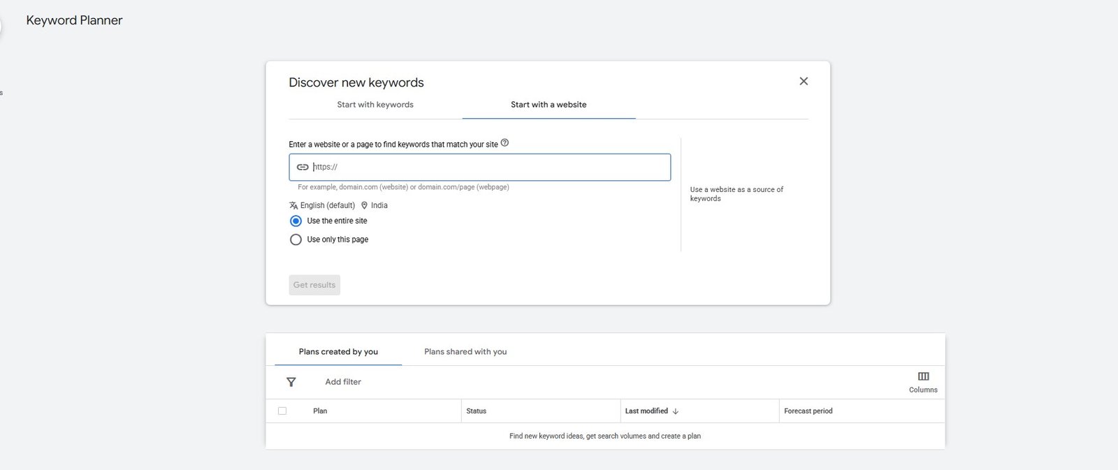Google Keyword Planner Start with a website screen showing Use the entire site and Use only this page options