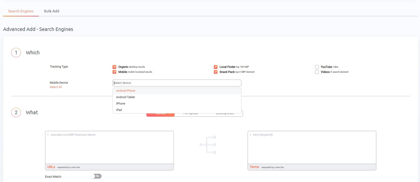 ProRankTracker Advanced Add screen with organic, mobile, Local Finder, Snack Pack, YouTube and Google Videos tracking options