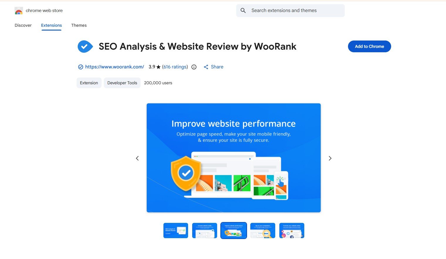 WooRank SEO Analysis and Website Review extension listing in the Chrome Web Store