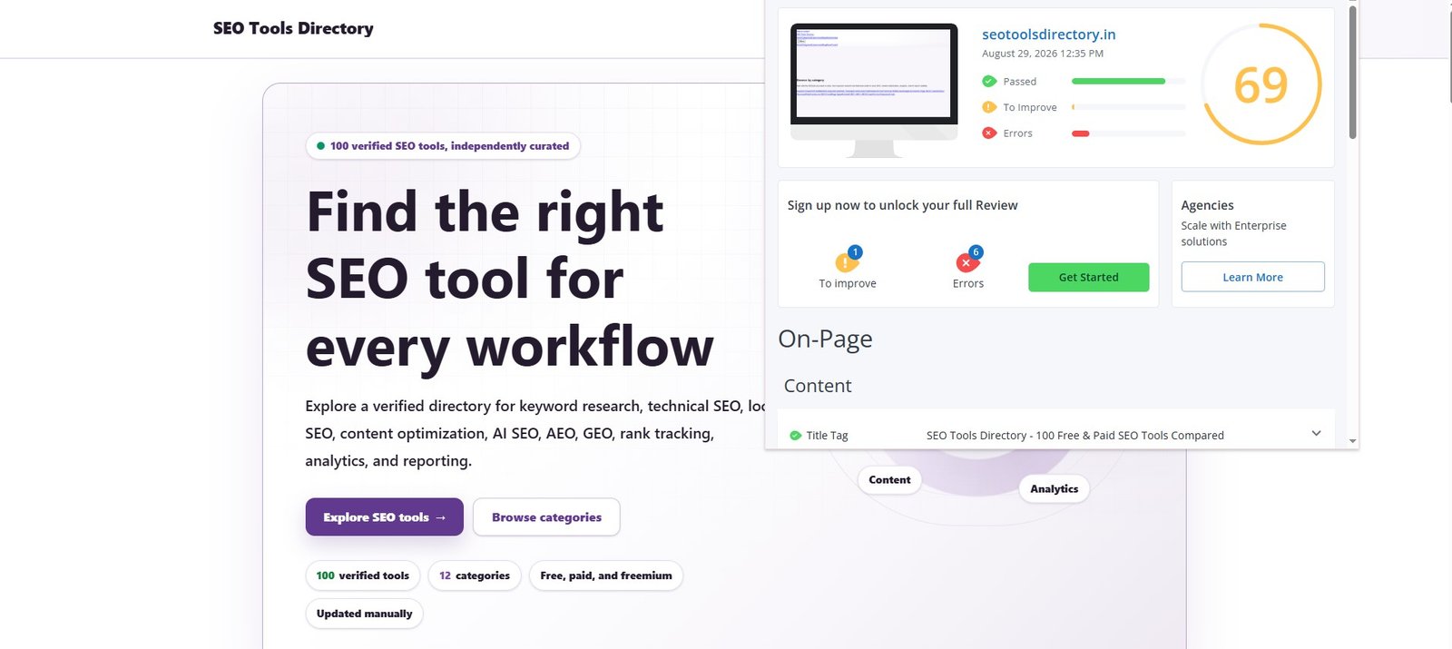 WooRank review showing SEO score Passed To Improve and Error indicators